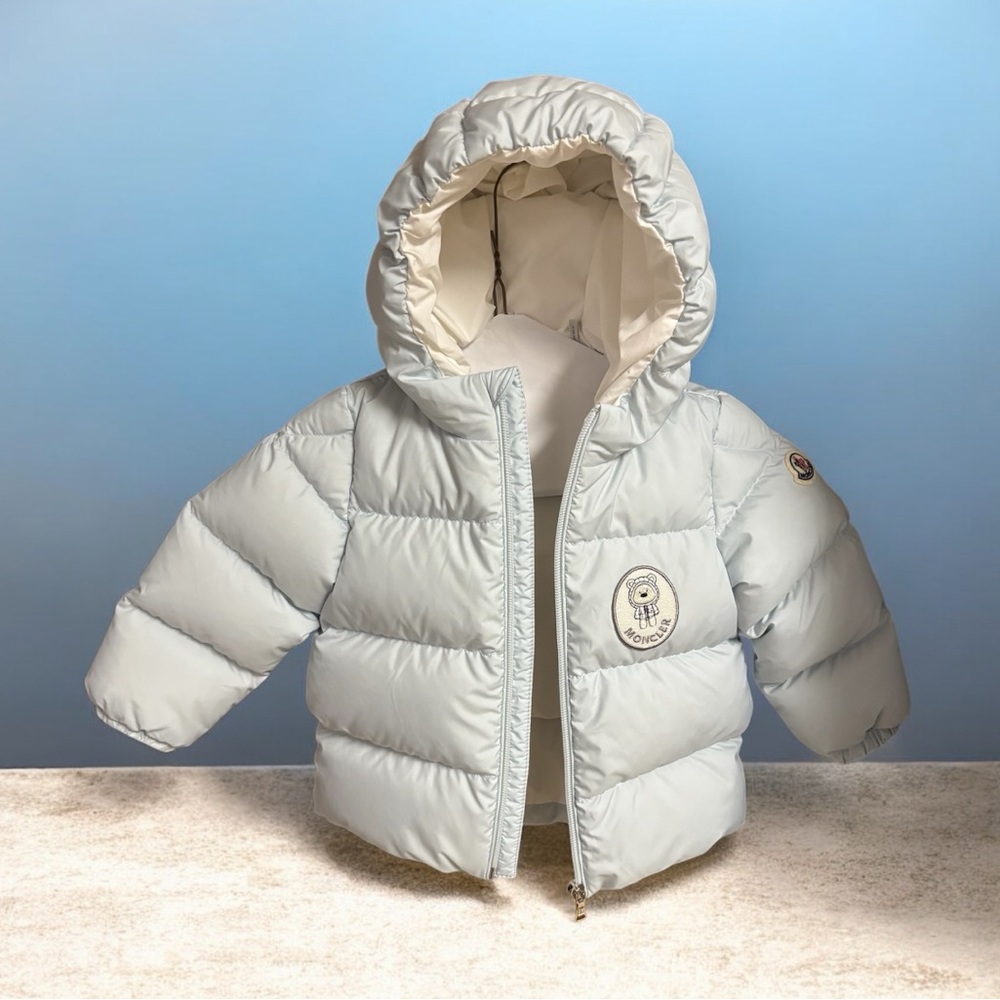 Moncler GIUBOTTO SANYU Puffer Baby Blue Teddy Logo Jacket Dry Clean Sz 12-18 mos